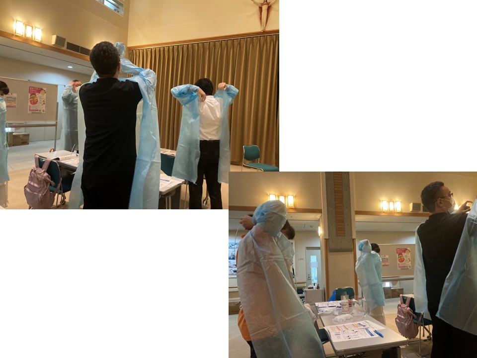 職員からは小柄なのでどうしても首のところが空いて困るという質問や、フェイスシールドの必要性などの質問があり教えていただくことが出来ました。<br>基本的な感染対策を学びなおし、手指衛生時の洗い残しやすい部分や個人防護具の汚染されやすい部分を把握し、インフルエンザに備えていきたいと思います。<br>