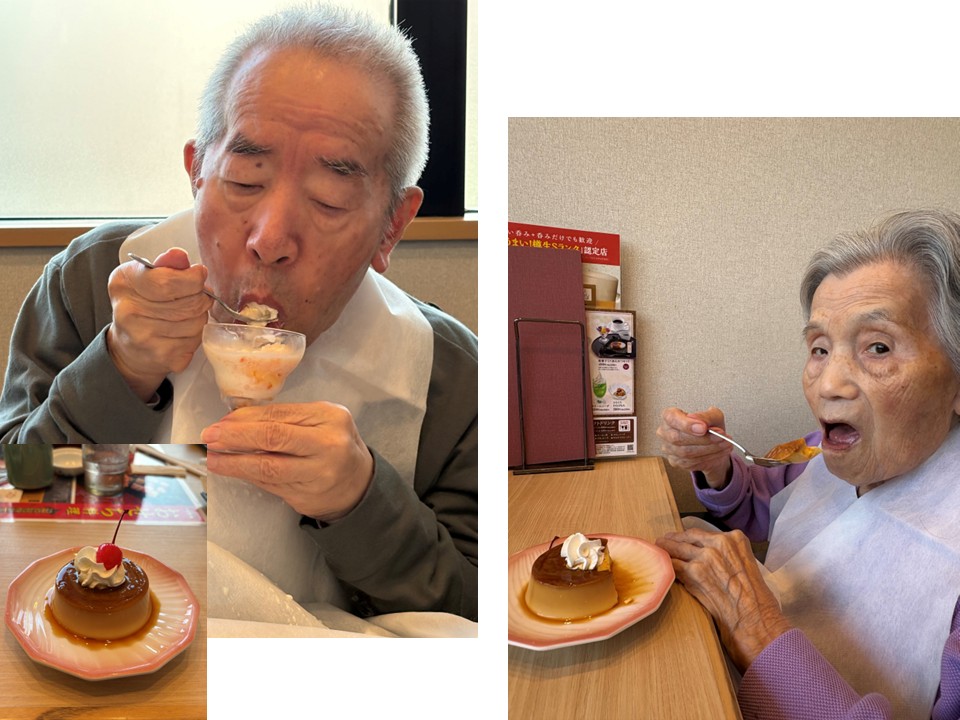 お膳を完食すると次はお楽しみのデザートです。お膳はみなさん同じものを召し上がりましたが、デザートはご自分で食べたいものを選んで注文しています。こちらもぺろりと平らげておりました。<br>