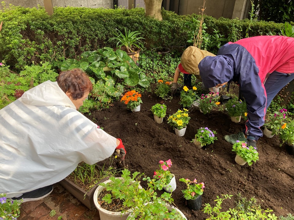 小雨が降っているので、雨具に少し泥がついてしまいますが、<br>植え終わって全体を眺めると花が生き生きとしています。<br>一生懸命作業したのでとても楽しい気持ちになり、みなさんの笑顔がこぼれました。<br>