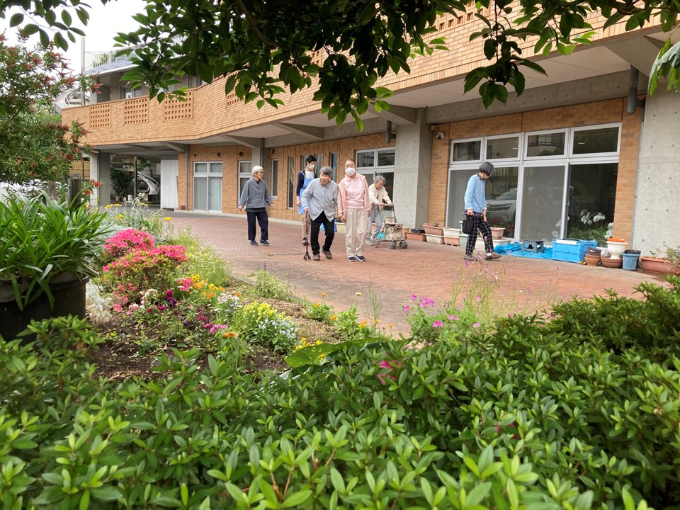 ご利用者のみなさんも毎日お庭を散歩して楽しんでいらっしゃいます。<br>少し前にはチューリップやパンジーも楽しみました。<br>